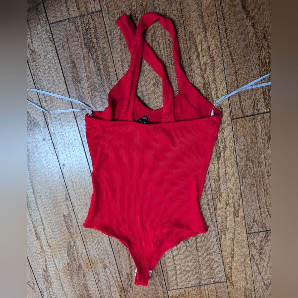 Lulus Red Cross Front Ribbed Bodysuit - Picture 3 of 4